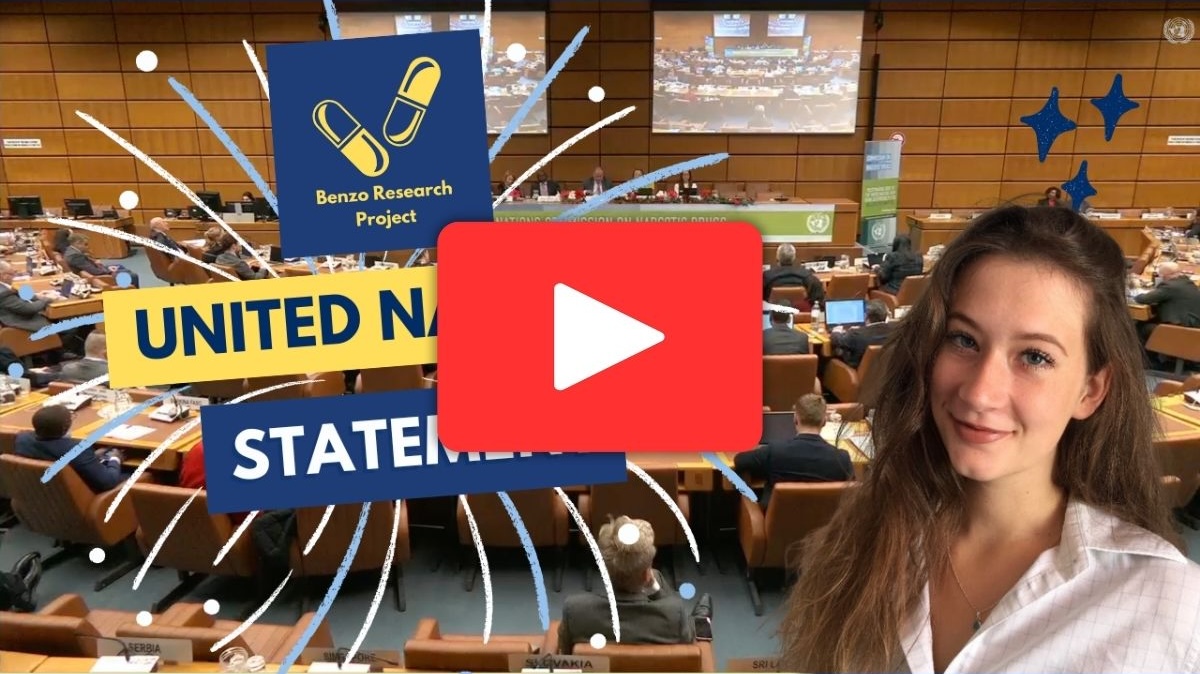 A YouTube thumbnail with the founder Monica wearing a white shirt and brown hair flowing down her shoulder, in front of a picture of the UN CND wood-panelled hall with people sat in semi circles. On the left, there is a big graphic reading United Nations Statement.