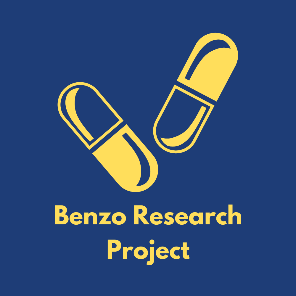 A pair of cartoon yellow pills falling on a dark blue background, with the charity's name – Benzo Research Project – beneath in yellow text.